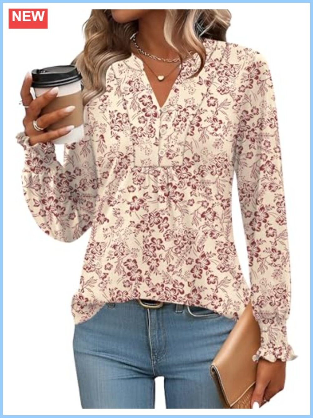 Womens Long Sleeve V Neck Pleated Button Down Tunic Top Blouse